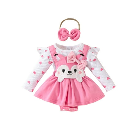 

Baby Girls Rompers Dress Heart Print Bodysuits with Headband
