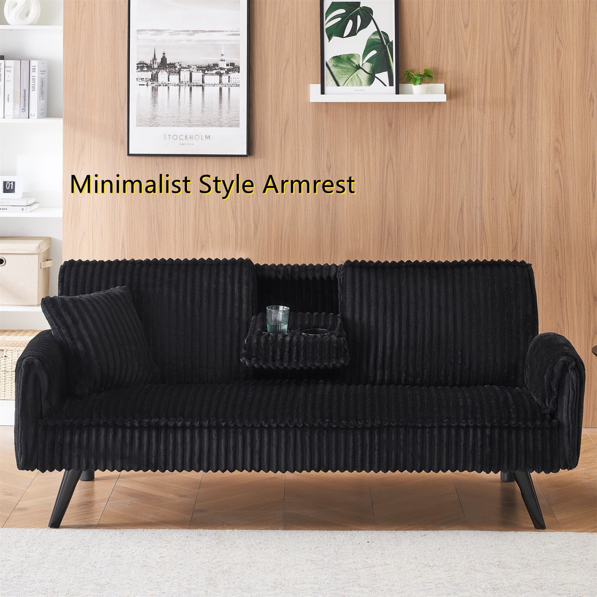 Aukfa 72" Futon Convertible Sofa Bed, 2 Cup Holders& Pillow, Straight-line Tufted Corduroy, Black