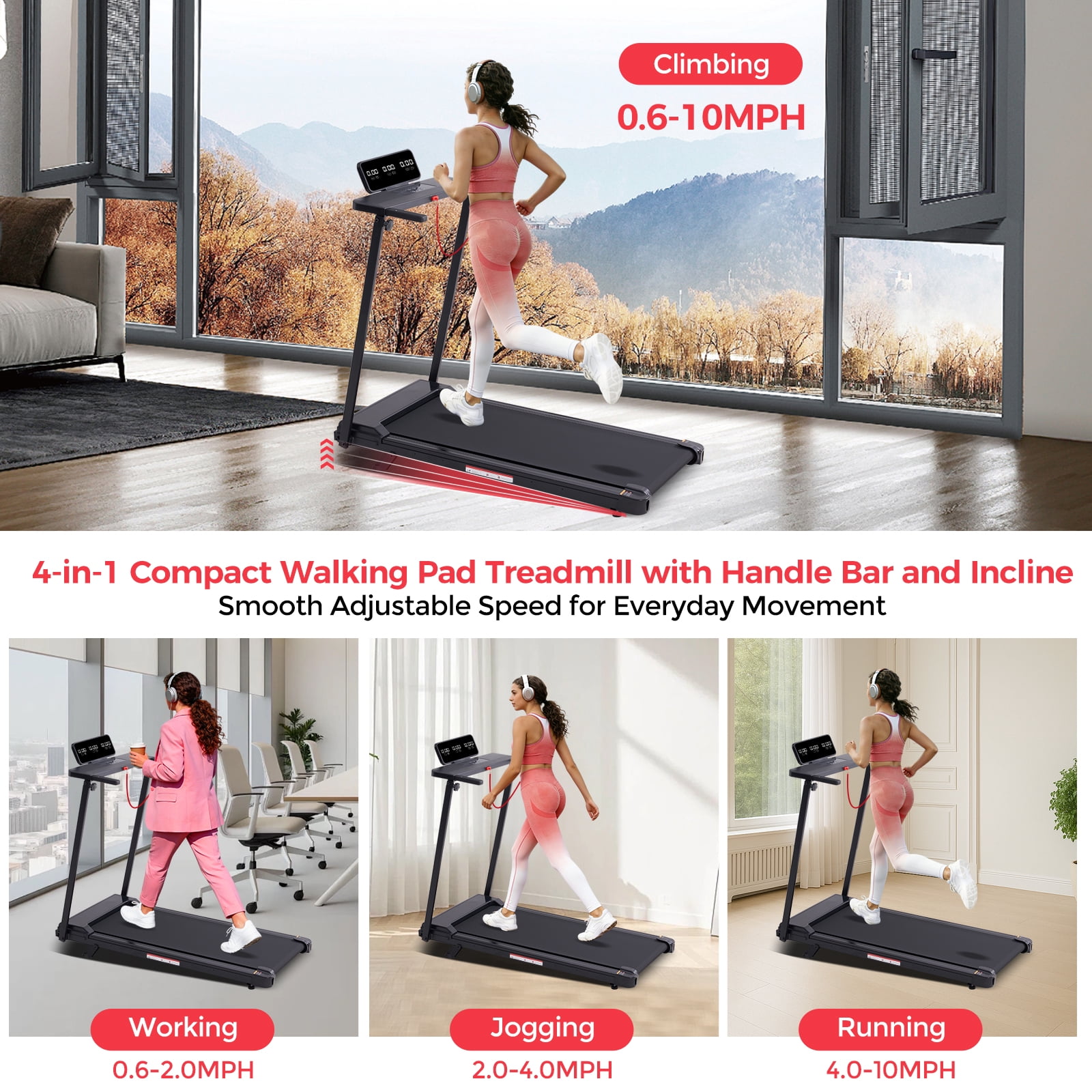 KASSADIN Portable Treadmill for Home Exercising, 3.5HP Walking Pad Treadmill with Handle Bar, 0.6-10MPH Foldable Electric Treadmills for Home Small with 12 Preset Progarms, 400LBS