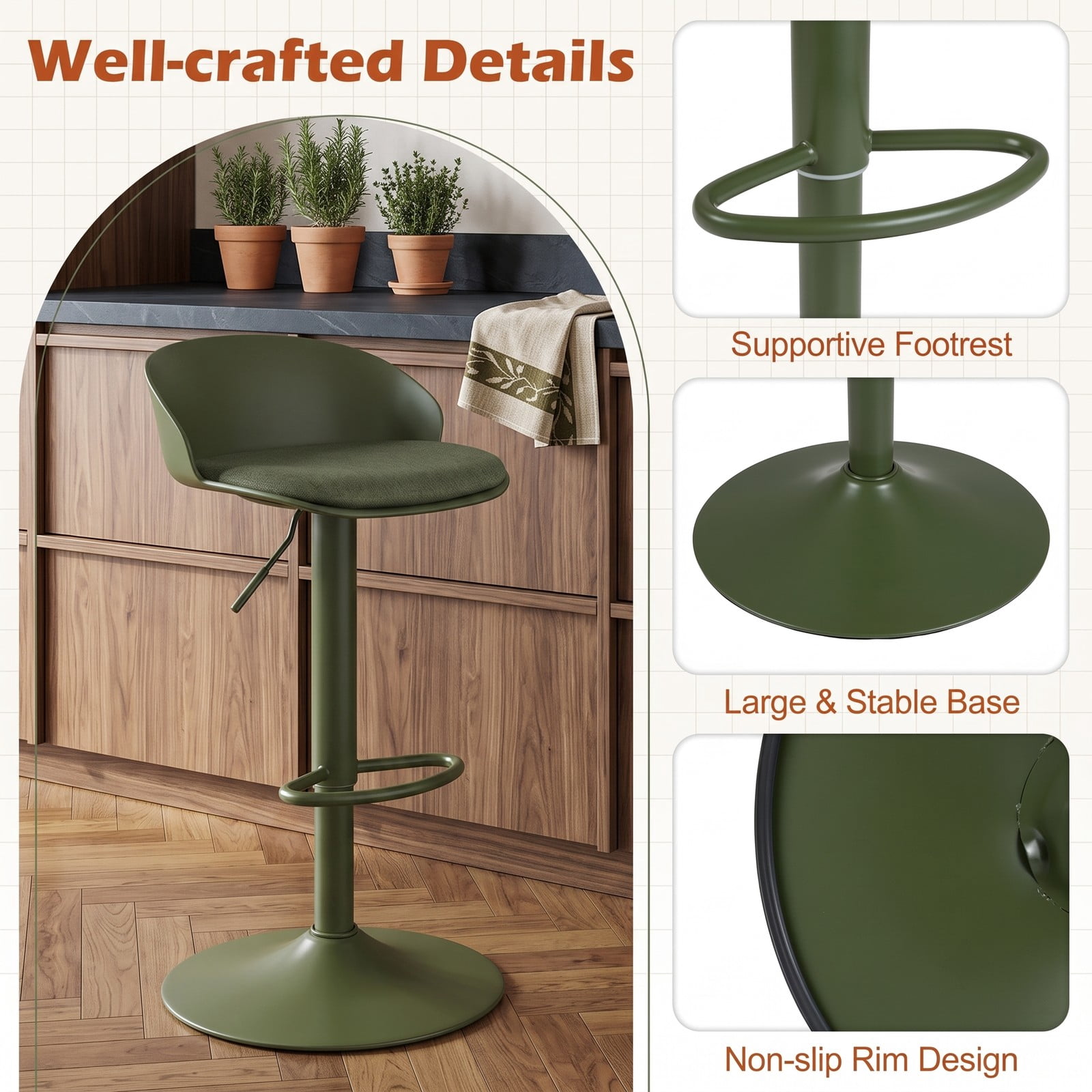 Furnibear Set of 2 Adjustable Swivel Bar Stools with Back and Footrest, 360 Degree Rotating Counter Height Barstools for Kitchen Island Dining Pub, 330, Olive Green