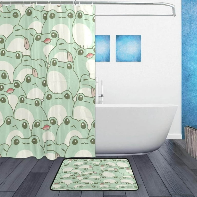 Green Frog Shower Curtain Set with Non-Slip Rugs and Toilet Lid Cover Cute  Animal Theme Kids Fabric Shower Curtain Bathroom Decor with Hooks  Waterproof Washable 72 x 72