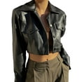 thumbnail image 2 of Lamuusaa Women Crop Leather Jacket Solid Color Casual Long Sleeve Button Down Jacket Fall Outwear, 2 of 9