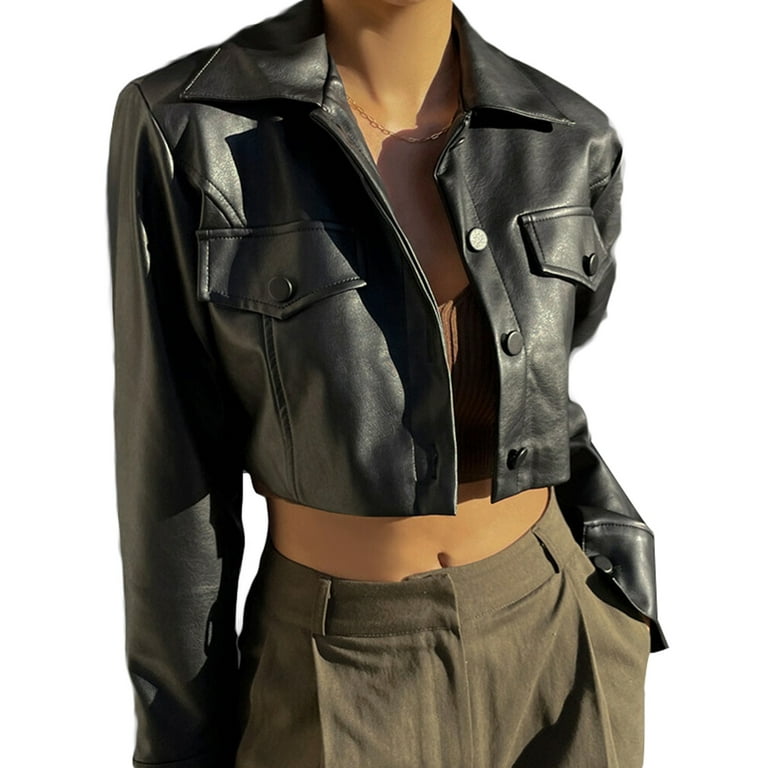 MIPREWUY Women Crop Leather Jacket Solid Color Casual Long MIPREWUY Women Crop Leather Jacket Solid Color Casual Long