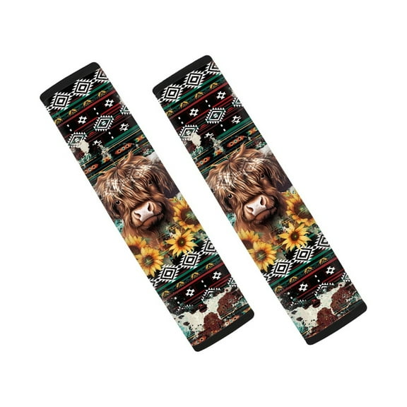 Renewold American Tribal Highland Cow Sunflower Car Seat Belt Pads Non-Slip Seat Belt Covers Seatbelt Strap Cover Protector Shoulder Neck Padding Harness Pads Cushion, 2 Pack