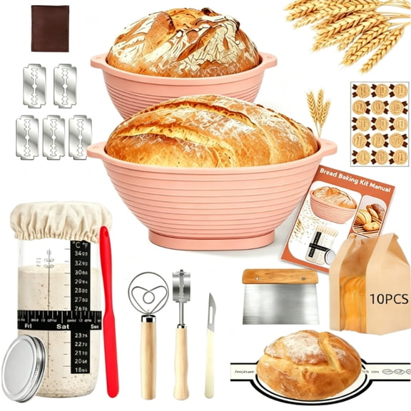 Sourdough Starter Kit, Complete Bread Baking Supplies with Round & Oval Silicone Bread Proofing Basket Set, Bread Making Tools Set Baking Gifts for Beginners & Home Bakers