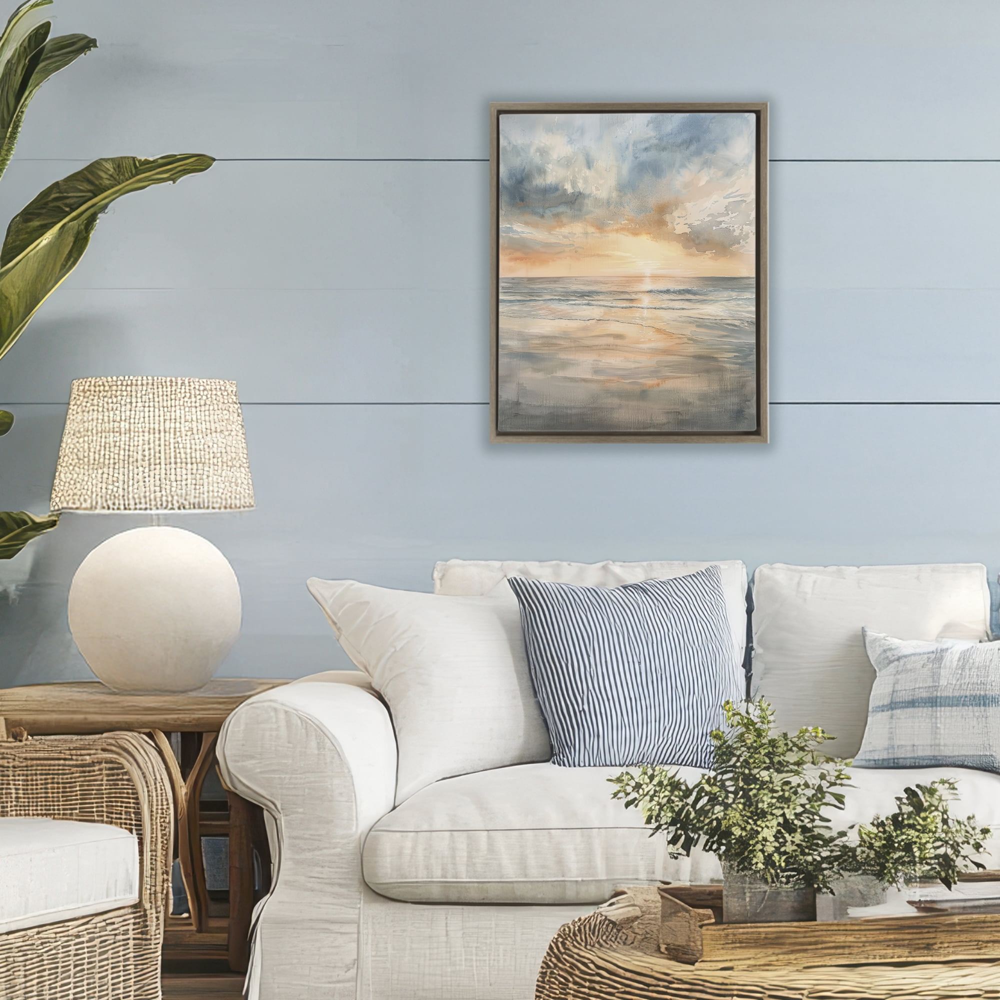 Stupell Industries Coastal Sunset over Gentle Waves Brown Framed Floater Canvas Wall Art, design by Petal Prints Design