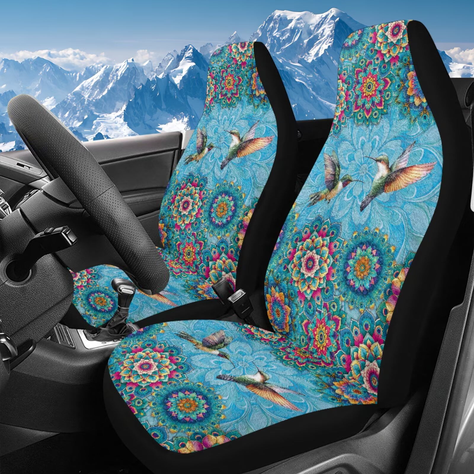 Uorisanigo Automotive Seat Covers High Back Seat Covers Front Seats - Fit Most Cars Trucks SUVS or Vans 2 PCS Mandala Hummingbird Auto Seats Cover Set Protection for All Seasons