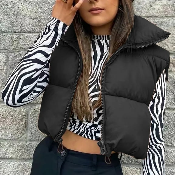 Qetyuw Sleeveless Crop Puffer Vest for Women Winter Stand Collar Zip Up Open Front Jacket Lightweight Casual Vests Outwear