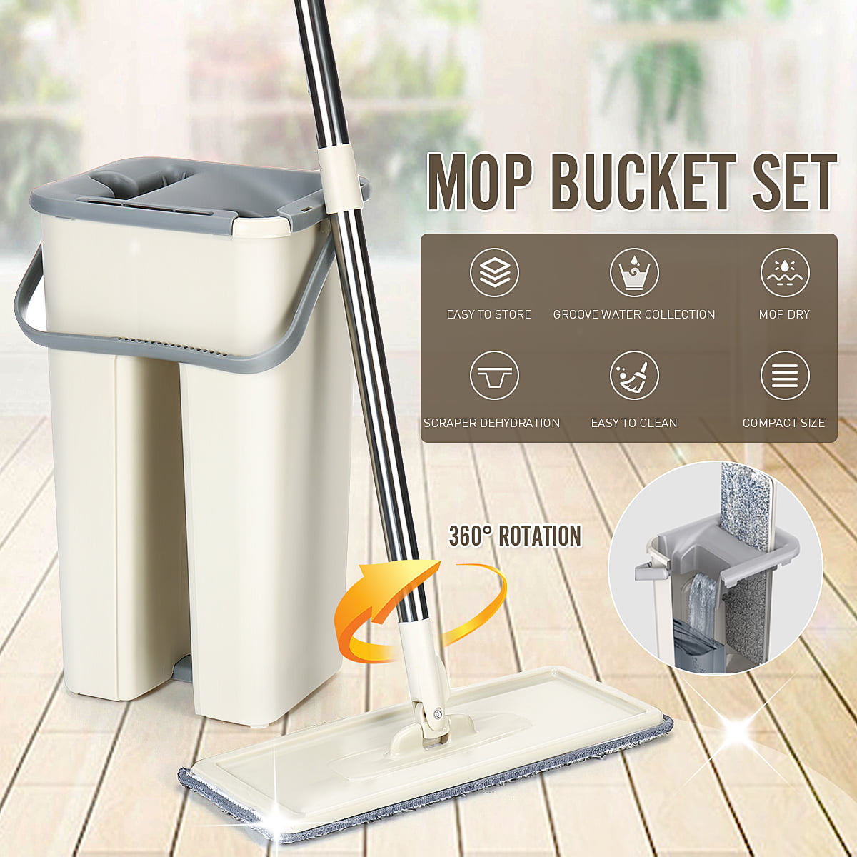 Flat Floor Mop and Bucket Set Wet & Dry Hand Free Floor Cleaning Mop Pad For Most Grounds Home