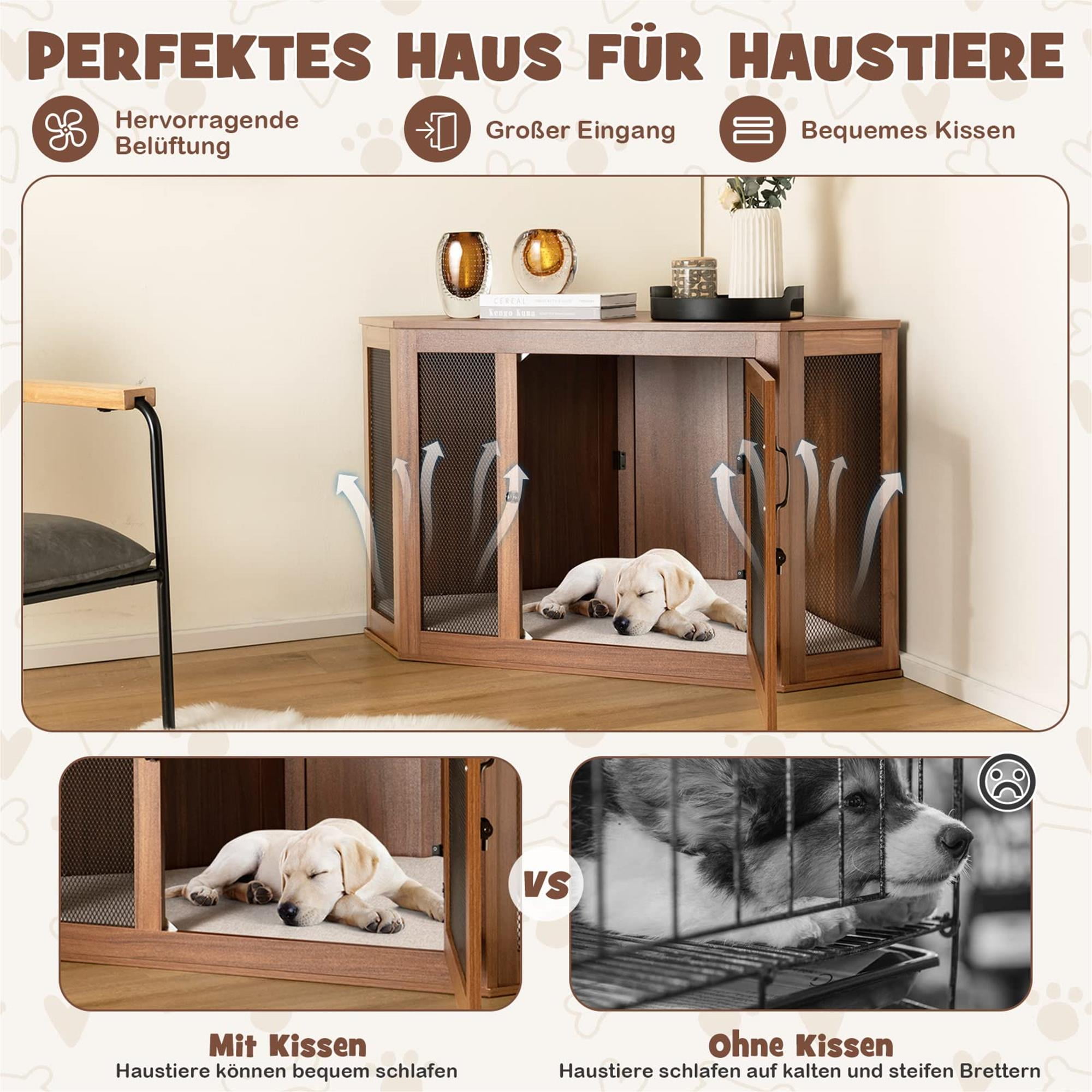 Kadyn 45" Dog Crate Furniture for Small Dogs with Door Lock and Cushion, Corner Fence Dog Cage for Indoor Dogs, Brown
