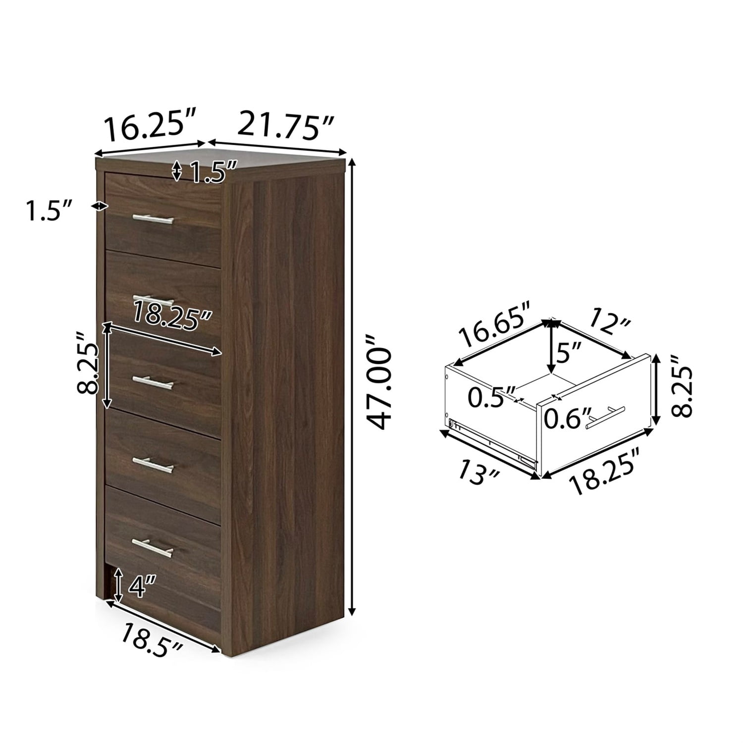 Kadyn MDF 5 Drawer Chest, Tall Dresser Chest for Living Room, Mid Century Drawer Dresser for Bedroom, Walnut