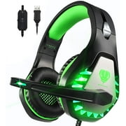 Pacrate 7.1 Stereo USB Gaming Headset with Noise Cancelling Microphone for PC Laptop Mac Surround Sound Headphones with LED Lights and Soft Earmuffs Pro Over-Ear Gaming Headset(Black Green)