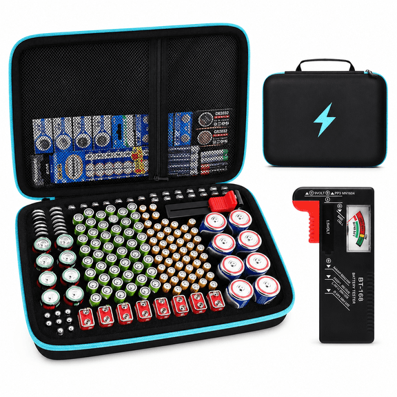 Battery Organizer Storage Case, Battery Box Holder with Battery Tester, Portable Battery Storage Organizer for AA AAA AAAA C D 9V Batteries, Holds 166 Batteries
