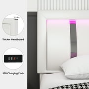 Homfa King Size LED Bed Frame with 2 Storage Drawers & USB Ports, Modern Leather Upholstered Platform Bed Frame with Adjustable Headboard, No Box Spring Needed, White