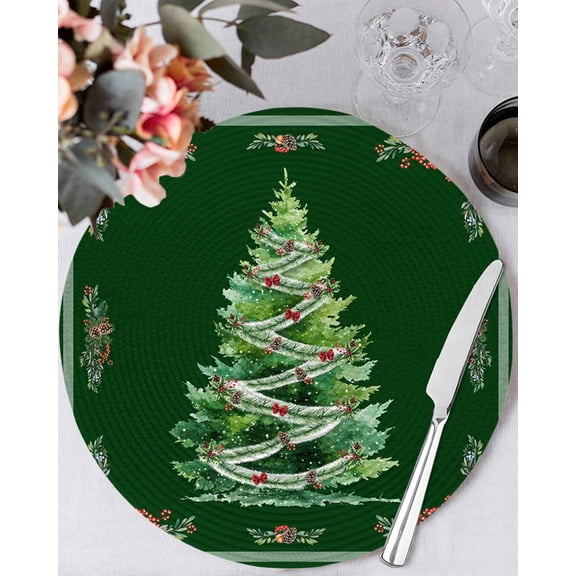 15 Inch Round Placemats Set of 6, Green Christmas Tree Non Slip Heat Insulation PP Table Mats, Snowflake Xmas Botanical Berry Washable Place Mats for Kitchen Dining Party Table Decor
