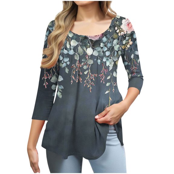 Vetsdori Womens 3/4 Sleeve T-shirts Pullover Trendy Tunic,Summer Crewneck Gift Graphic Tops for Woman Pleated