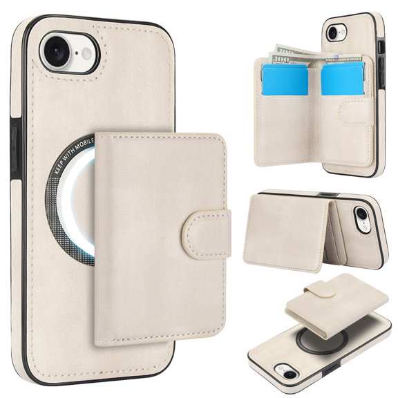 2 in 1 Detachable Magnetic Phone Cases Compatible with iPhone 16e, with Credit Card Holder, Classic Durable Premium PU Leather Kickstand Rugged Flip Cover for Women Men, White