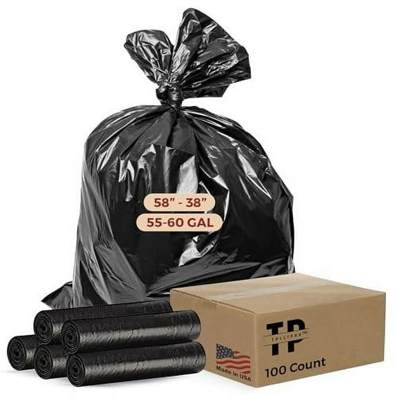 Tullipak 55-60 Gallon Trash Bags  100 Count  1.2 Mil Black Can Liners  Heavy Duty  38" x 58"  Made in the USA