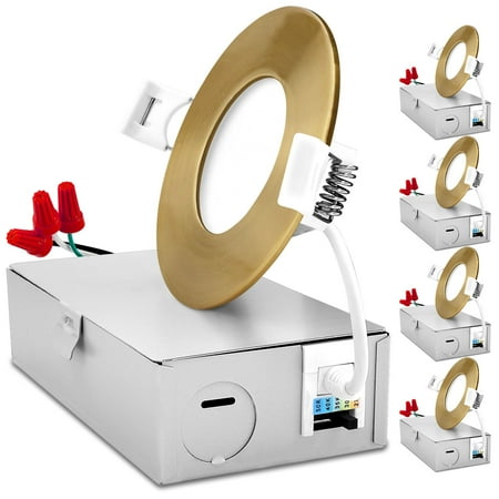 

Luxrite 3 Inch Ultra Thin LED Recessed Light J-Box 8W 5CCT Dimmable 540 Lumens Brass Trim 4 Pack