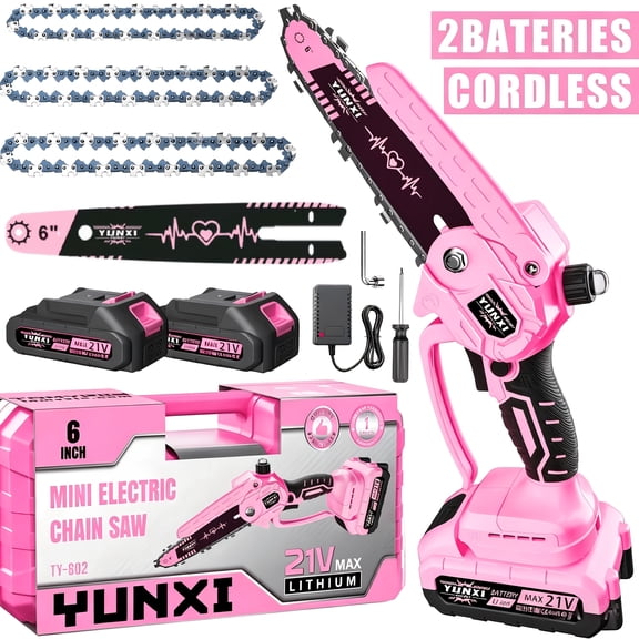 6-inch 21V Cordless Mini Chainsaw, Handheld Electric Saw for Tree Trimming & Wood Cutting, Pink