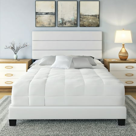 Boyd Sleep Piedmont White Faux Leather Queen Size Fully Upholstered Platform Bed Frame with Adjustable Headboard
