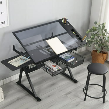 Drafting Table with Stool Height Adjustable, Artists Desk Tilting Glass Tabletop Diamond Paintings Work Station with 2 Storage Drawers & Chair for Home Office, Multifunctional Art Craft, Black