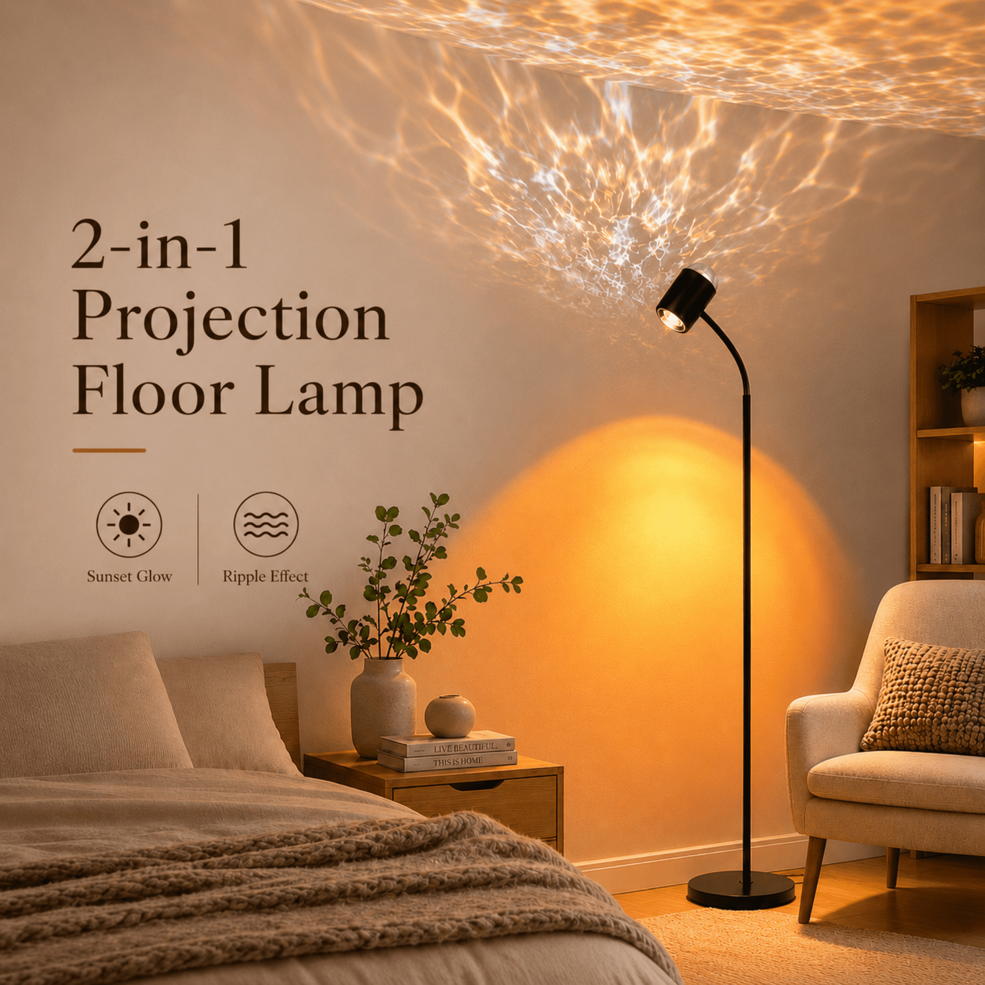 MEHOOM Sunset Standing Floor Lamp Projection with Ocean Wave, 360° Rotation Floor Lamps for Bedroom, Photography Selfie Party Home Living Room Bedroom Decor, Gifts Idea for Girls Women(127Colors)