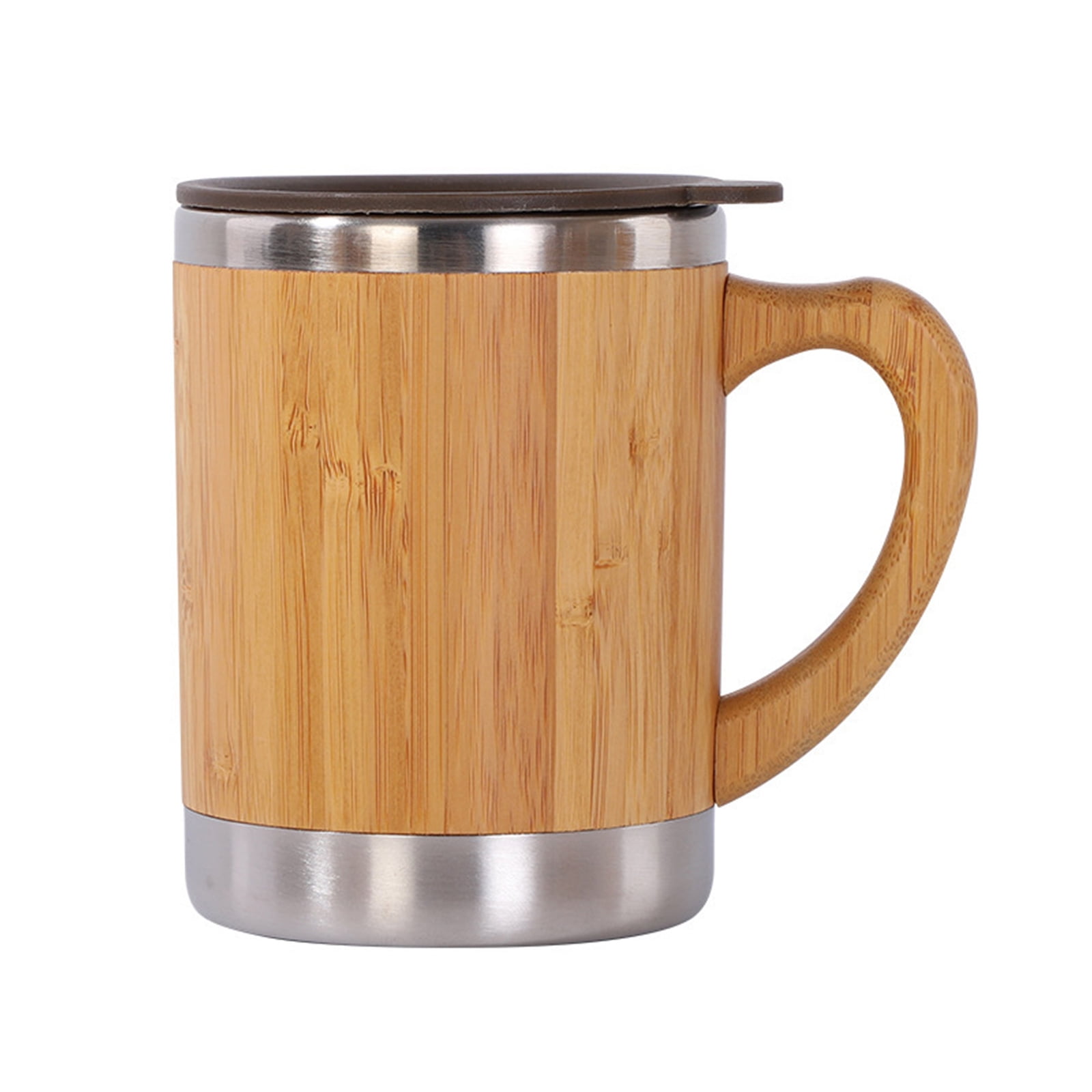 【Ready Stock】 Rustic Bamboo Coffee Mug with Lid Handle Stainless Steel