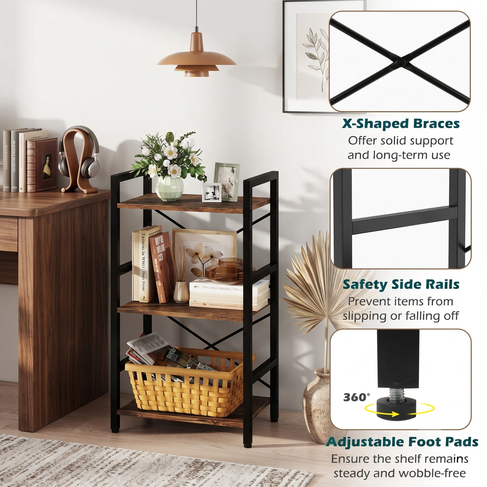 Furnibear 4-Tier Bookshelf with Sturdy Metal Frame, Freestanding Wood Storage Rack Display Shelf Organizer with Anti-Tip Kit for Study Home Office Living, Rustic Brown
