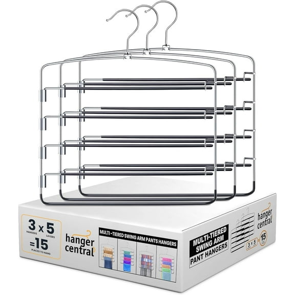 Hanger Central 3 Pack Silver Metal Swing Arm Pants Hangers 5 Tier