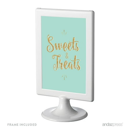 White Gold Dollar Sign Signature Light Aqua, White, Gold Glittering Party, Framed Party Sign, Sweets & Treats, 4x6-inch Double-Sided ()