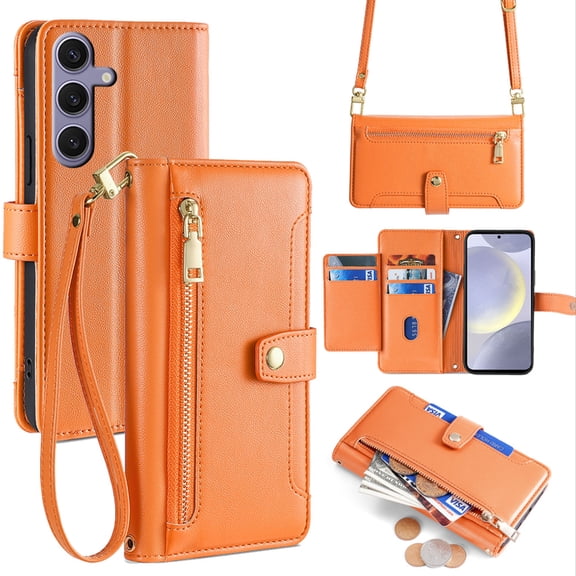 Dteck Magnetic Wallet Bag Case for Samsung Galaxy A17 5G,Shockproof Leather Zipper Wallet Case Kickstand Cover with Shoulder Strap/Wrist Strap for Samsung Galaxy A17 5G,Orange