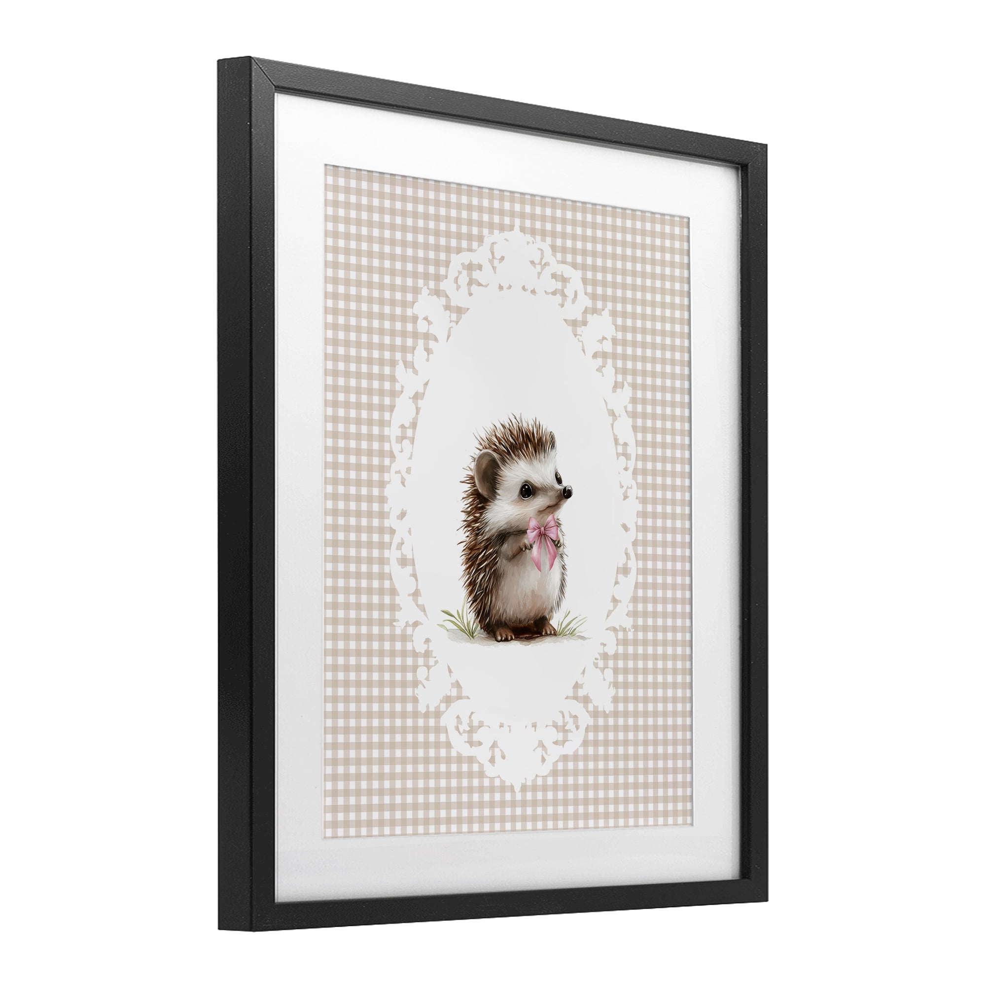 Stupell Industries Vintage Bow Hedgehog on Gingham Black Framed Print Under Glass, design by Christine Simpson Art