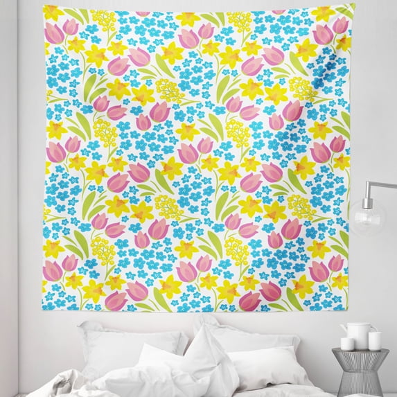 Floral Tapestry, Illustration of Springtime Meadow with Flowers Daffodils Tulips Mimosas, Fabric Wall Hanging Decor for Bedroom Living Room Dorm, 5 Sizes, White and Multicolor, by Ambesonne