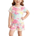 thumbnail image 2 of oelaio Girls Summer Outfits Cute Flower Printed 2 Piece Clothes Short Sleeve T-Shirts and Elastic Waist Shorts Kids Casual Lounge Pajama Sets Pink 2 Years, 2 of 7