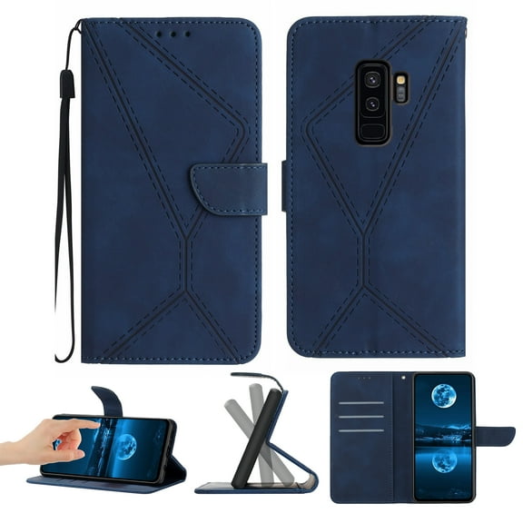 Wallet Case For Samsung S9, RFID Blocking Magnetic Flip Case with Card Slots Holder Kickstand Wrist Strap, PU Leather Folio Shockproof Protective Cover For Samsung Galaxy S9, Darkblue
