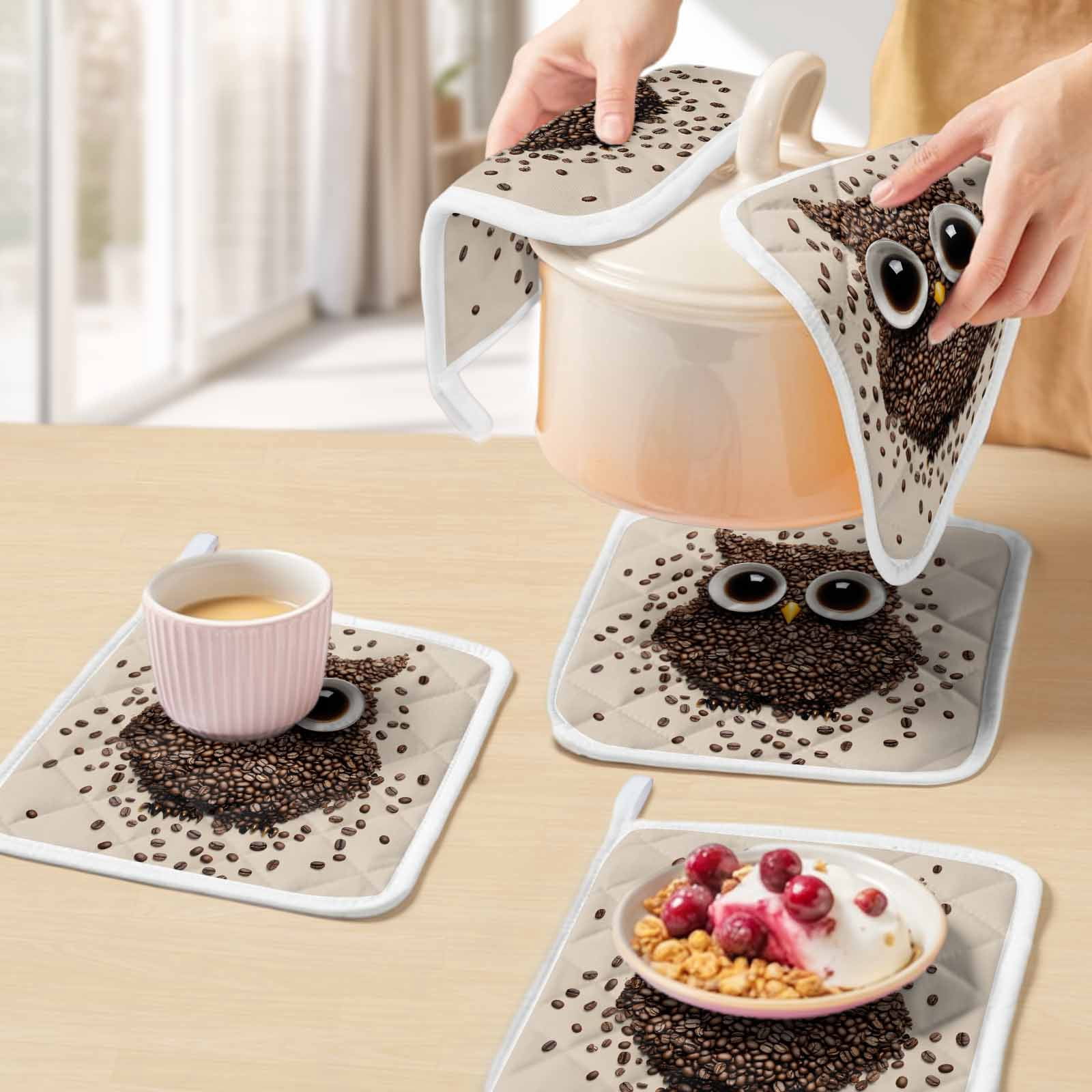 Coffee Owl Pot Holders for Kitchen Heatproof Potholder, 5 Pack Cute Bird Big Eyes Animals Brown Beans Hot Pads Multipurpose Oven Pads Cloth Potholders Trivet for Cooking Baking