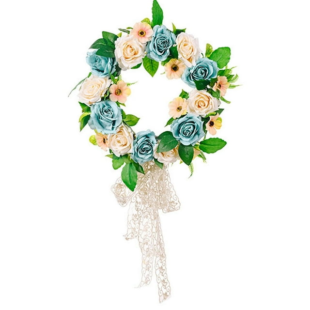 Corona rústica redonda de rosas, corona de vegetación de temporada, puerta de entrada de primavera Azul rosado