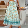 thumbnail image 2 of Women's Bohemian Floral Print Skirt Maxi Flowy Hem Casual High Waist Beach Holiday Vacation Light Green Skirt S, 2 of 7