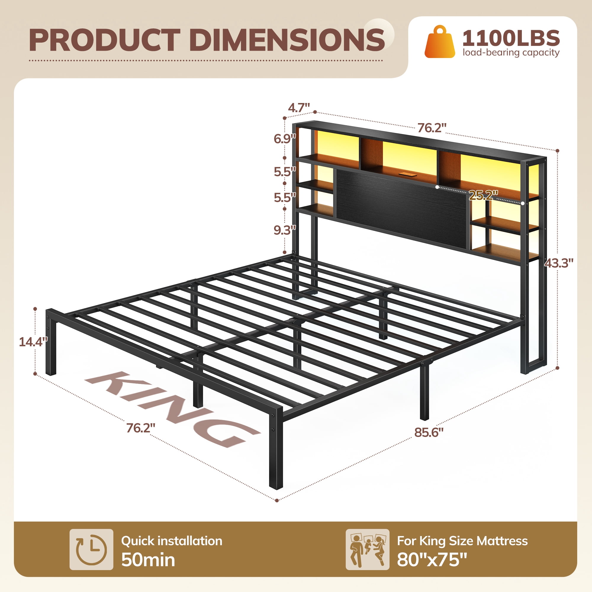 EnHomee Metal Platform Bed Frame with Headboard King Size Bed Frame with 4-Tier Storage Shelf & 3 Open Compartments & LED Lights & Charging Station ,Black