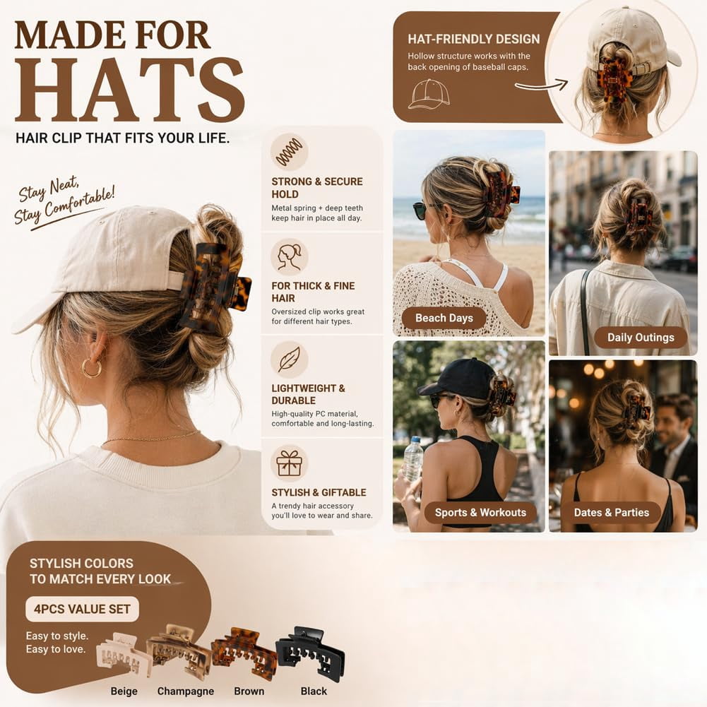 Hat Claw Clip,Baseball Hair Clip for Women, Square Hair Claw Clips, Non-Slip Adjustable Design for Thick & Fine Hair, Hat-Friendly for Baseball Caps