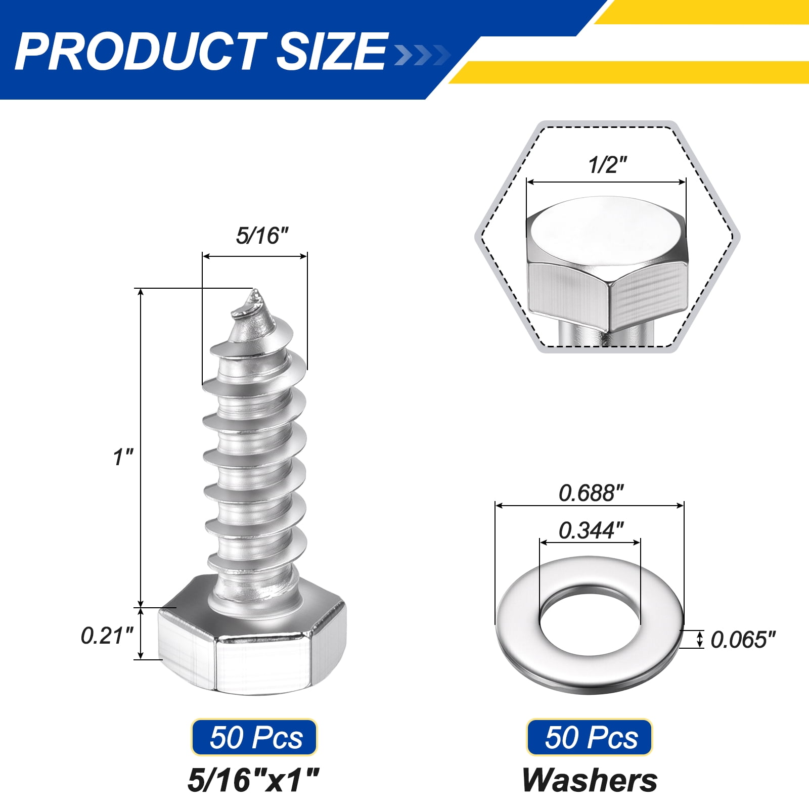 Uxcell 50 Pcs Hex Head Lag Screws - 5/16"x1" Stainless Steel 18-8 (304) Lag Bolts Hexagon Head Heavy Duty Wood Screws with Flat Washers for Wood, Decks, Fences, Furniture, Silver