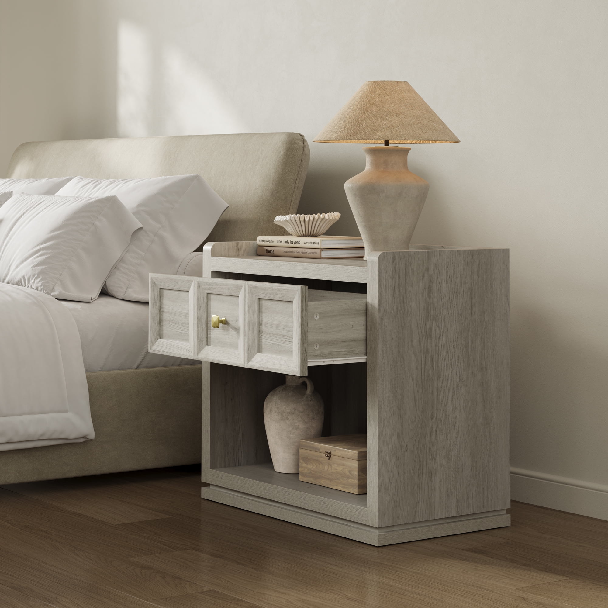 SICOTAS 26" W Farmhouse Nightstands Set of 2, Big nightstands with Drawer & Open Shelves, Large Bedside Table, End table for Bedroom, Living Room, White Oak