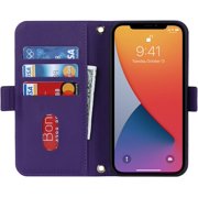 Crossbody Wallet for iPhone 12 Pro Max Case with Adjustable Lanyard Strap Credit Card Holder 6.7,PU Leather Handbag Purse Kickstand Make Up Mirror Cover Case for Men Women Girl,Purple