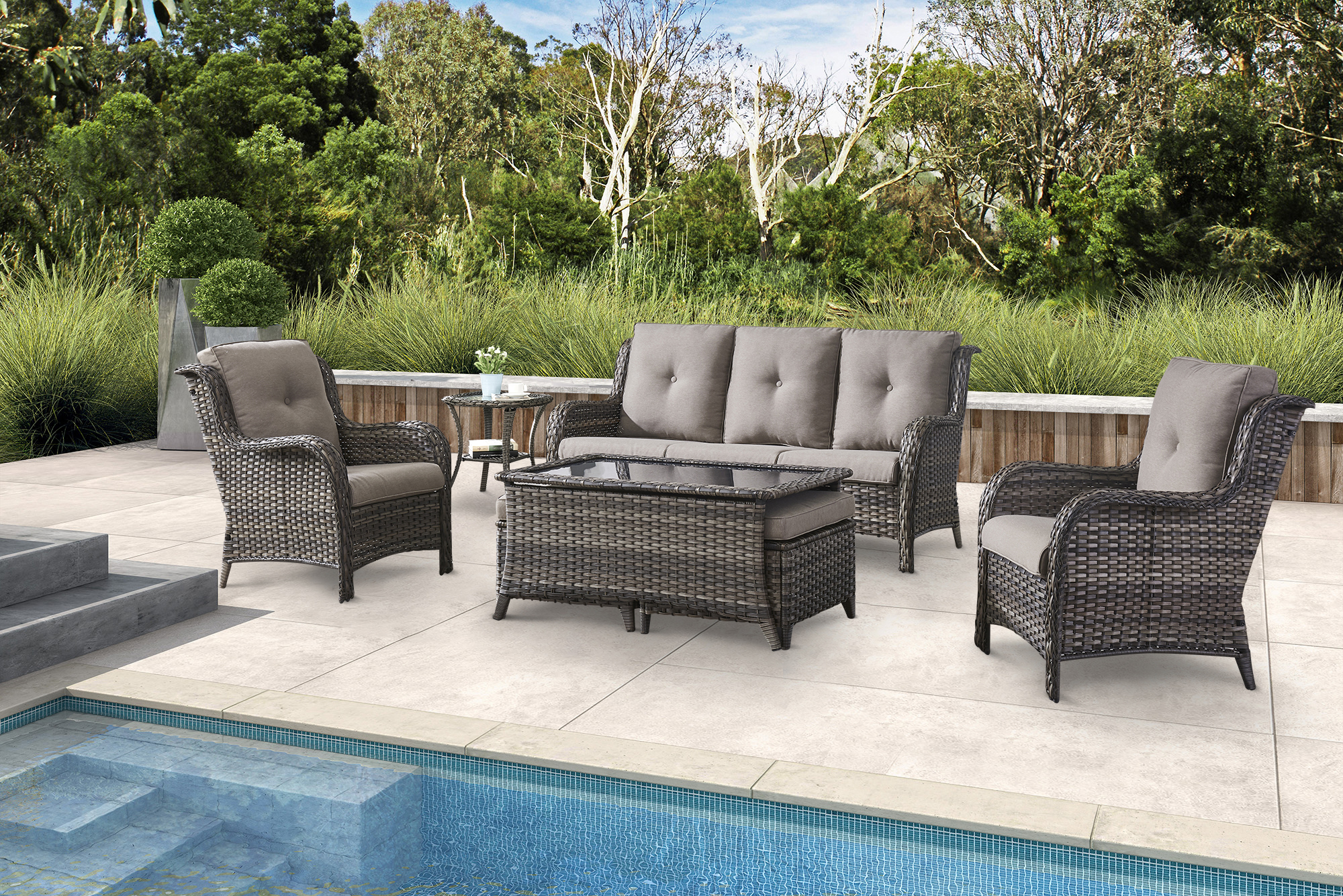 PARKWELL 7Pcs Outdoor Wicker Rattan Conversation Patio Furniture Set, including Three-seater Sofa, Chairs, Coffee Table, Ottomans and Side Table with Cushion, Gray - image 1 of 9