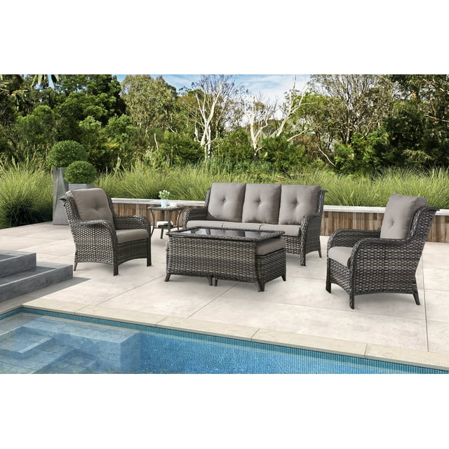 PARKWELL 7Pcs Outdoor Wicker Rattan Conversation Patio Furniture Set, including Three-seater Sofa, Chairs, Coffee Table, Ottomans and Side Table with Cushion, Gray