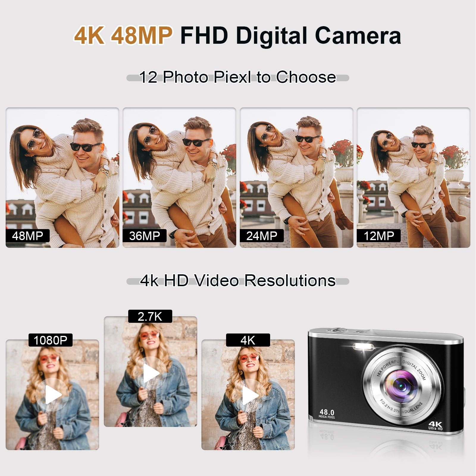ACTITOP 4K Digital Camera 48MP Autofocus Vlog Video Dual Cameras for YouTube with 32GB Card,Black,New