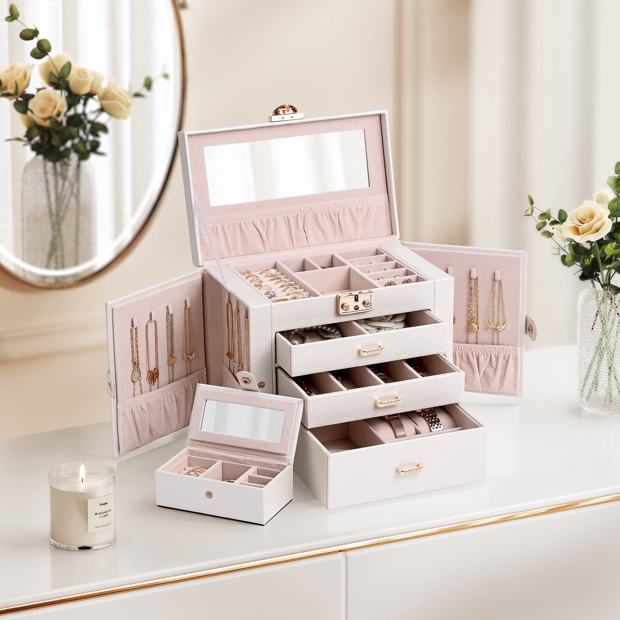 Casegrace 4-Tier Huge Jewelry Organizer with Small Jewelry Case, Built-in Large Mirror Case, 2 Side-door Necklace Display Holder, 3 Drawers Storage Jewelry Box for Earrings, Rings, Bracelets, Watches
