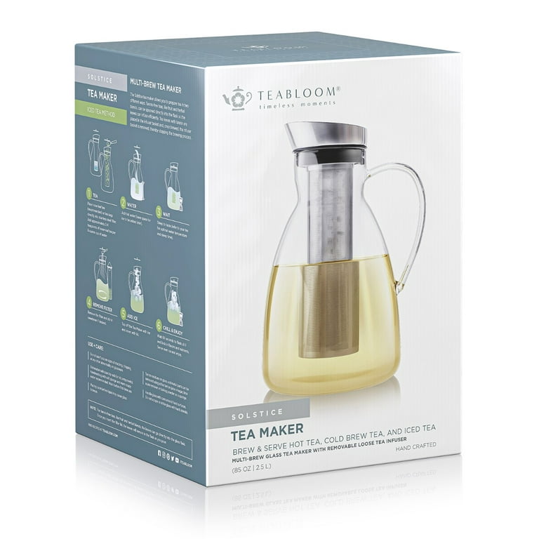 Teabloom All-in-One Glass Pitcher/Teapot (50 OZ / 1500 ML) – For Hot Tea,  Iced Tea, Cold Brew Tea and Fruit Infused Water – With Volume Markings For