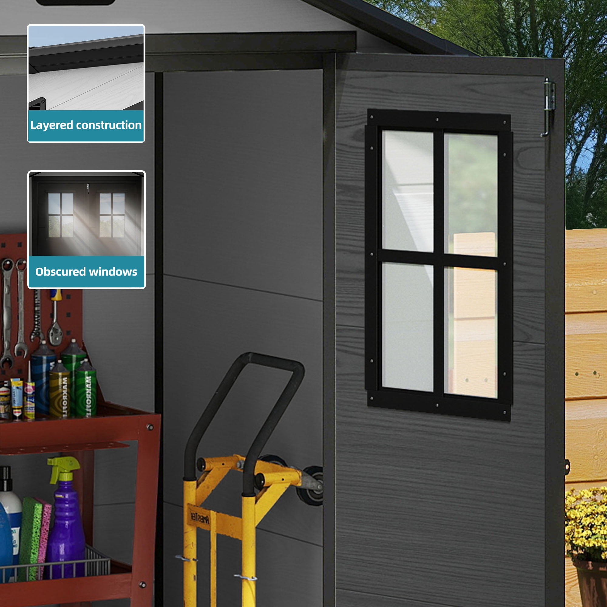 Uforic 6x4.4 FT Double-Wall Resin Outdoor Storage Shed, Plastic Garden Tool Shed with 2 Windows & Lockable Door, Waterproof Storage House for Lawn Mower, Backyard Patio Lawn, Black & Gray